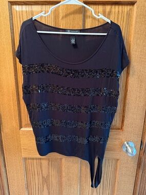 INC International Concepts Black Short Sleeve Sequin Stripe Tee xl